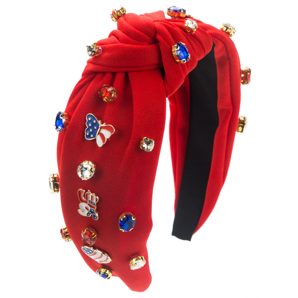 Wholesale Independence Day Diamond Studded Five Pointed Star National Flag Fabric Headbands